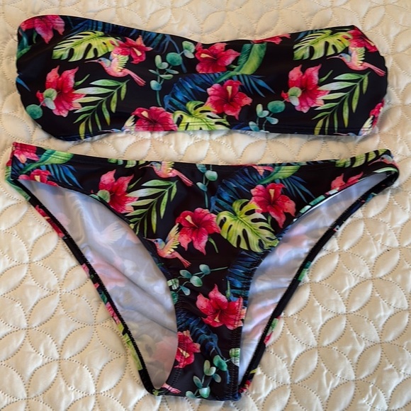 SHEIN Floral Strapless Bandeau Top Bikini Set New Size Large - Picture 1 of 10